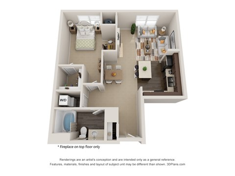 A 3D floor plan of a house with a kitchen, living room, and bathroom.